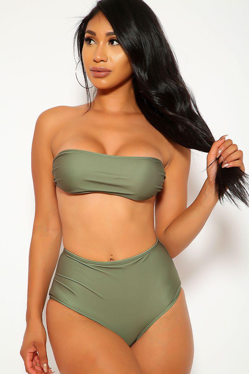 Sexy Olive Bandeau High Waist Two Piece Swimsuit - AMIClubwear