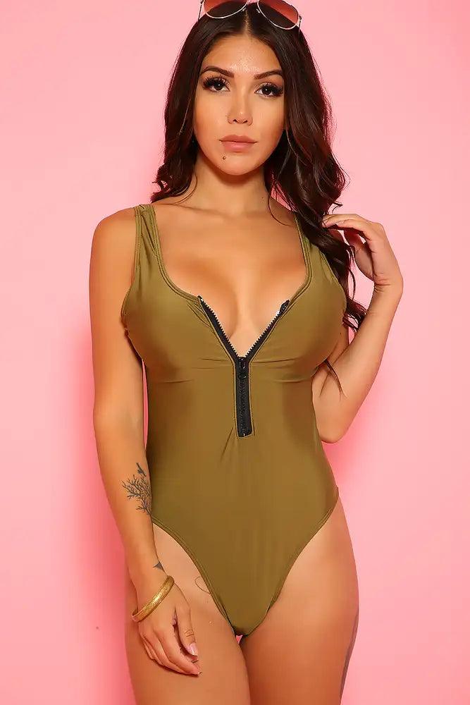 Sexy Olive Front Zipper Monokini Swimsuit - AMIClubwear