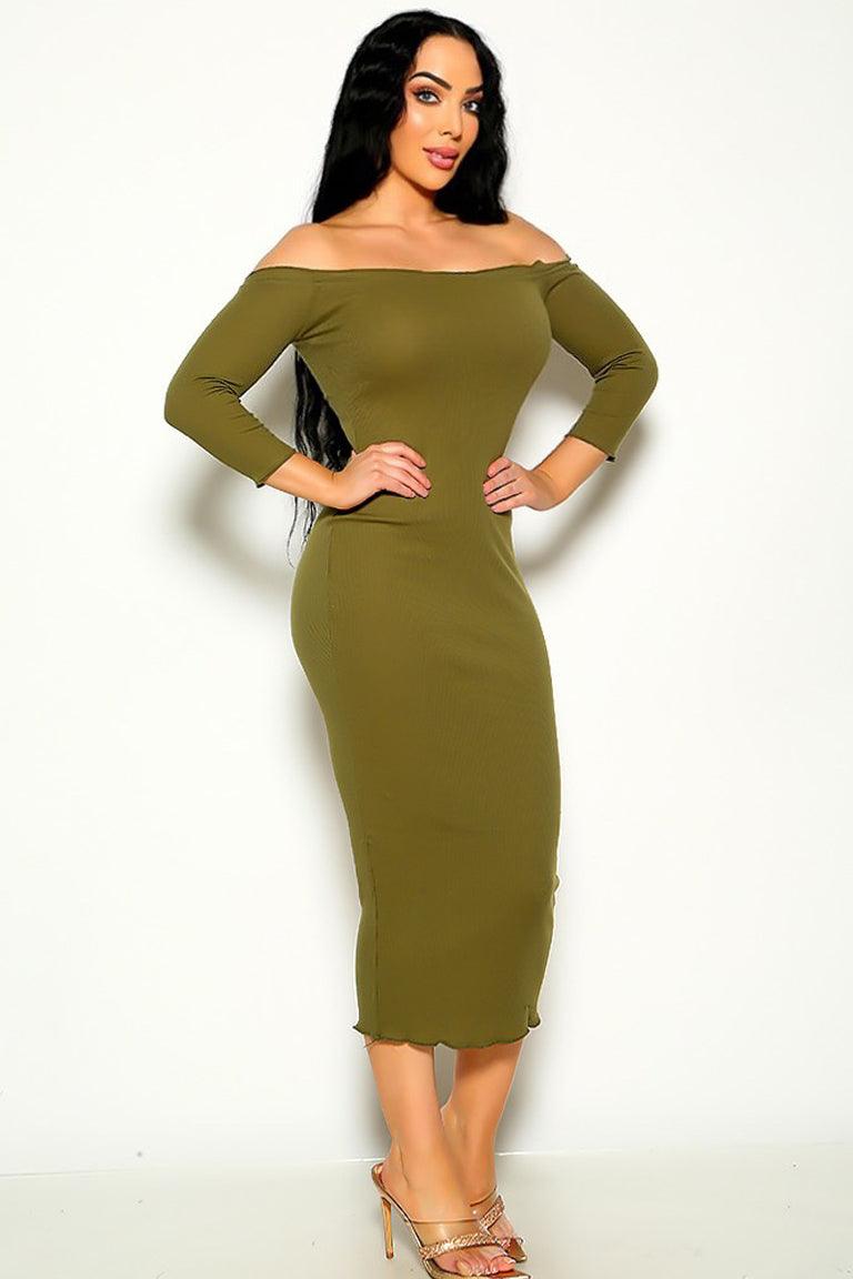 Sexy Olive Lettuce Trim Half Sleeve Midi Party Dress - AMIClubwear