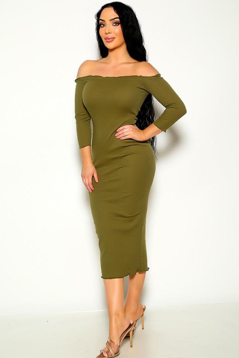 Sexy Olive Lettuce Trim Half Sleeve Midi Party Dress - AMIClubwear