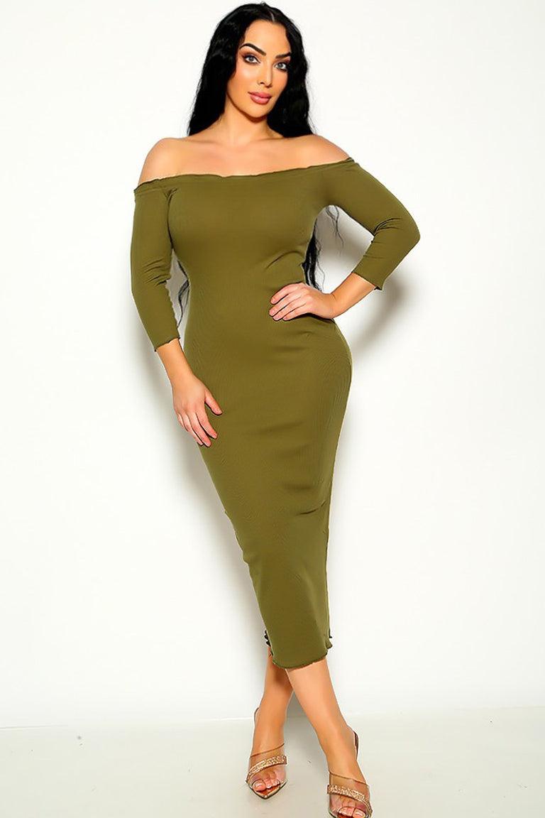 Sexy Olive Lettuce Trim Half Sleeve Midi Party Dress - AMIClubwear