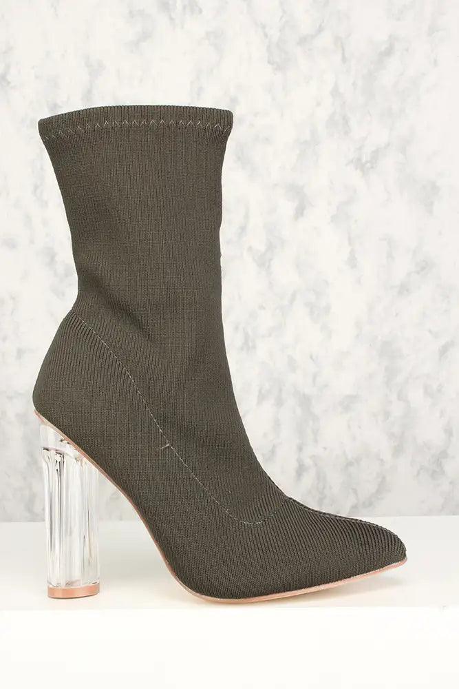 Sexy Olive Pointy Toe Clear Chunky Heel Mid Calf Booties Knit - AMIClubwear