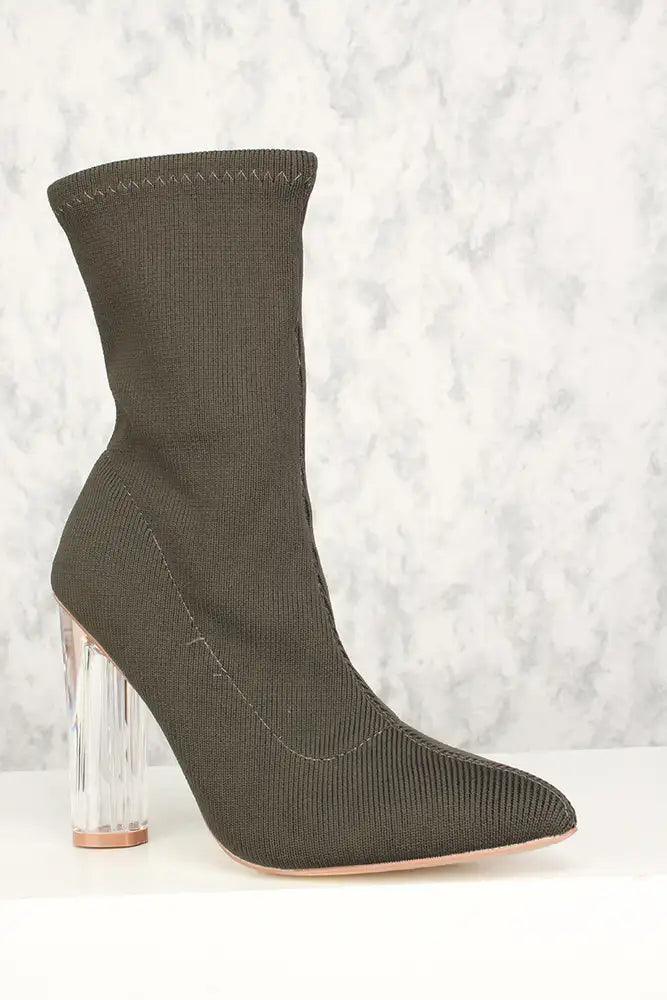 Sexy Olive Pointy Toe Clear Chunky Heel Mid Calf Booties Knit - AMIClubwear
