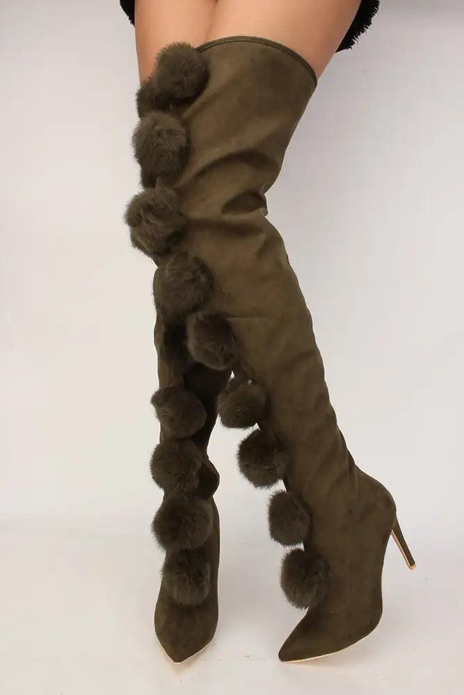 Sexy Olive Pom Pom Accent Pointy Toe Thigh High Heel Boots Faux Suede - AMIClubwear