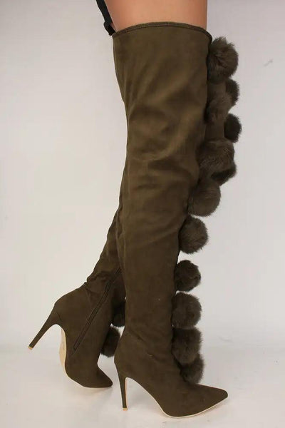 Sexy Olive Pom Pom Accent Pointy Toe Thigh High Heel Boots Faux Suede - AMIClubwear