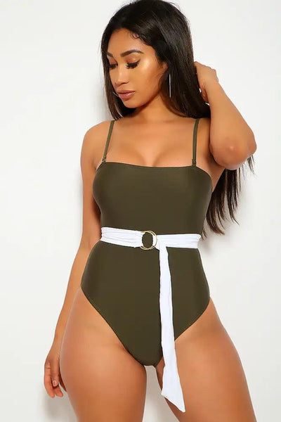 Sexy Olive White One Piece Swimsuit - AMIClubwear