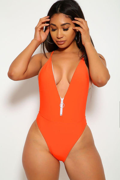 Sexy One Piece Orange V Cut Swimsuit - AMIClubwear