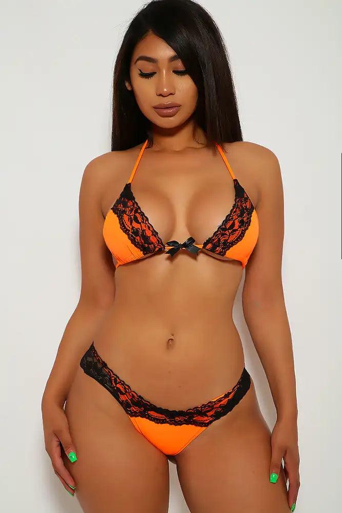 Sexy Orange Black Lace Two Piece Pucker Back Swimsuit - AMIClubwear
