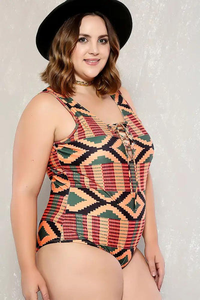 Sexy Orange Black Tribal Print Padded One Piece Plus Size Swim - AMIClubwear