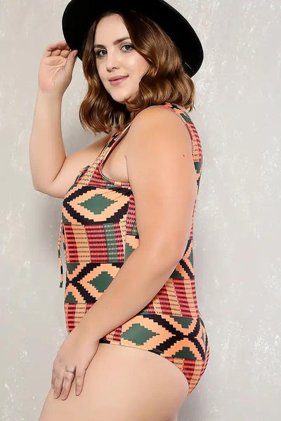 Sexy Orange Black Tribal Print Padded One Piece Plus Size Swim - AMIClubwear