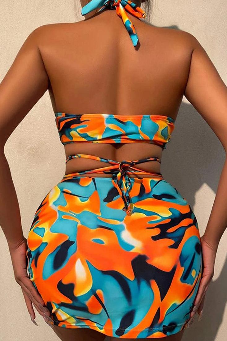 Sexy Orange Blue Camo 3pc Bikini With Coverup Skirt - AMIClubwear