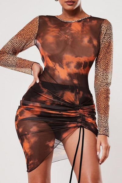 Sexy Orange Brown Marble Long Sleeved Club Dress - AMIClubwear