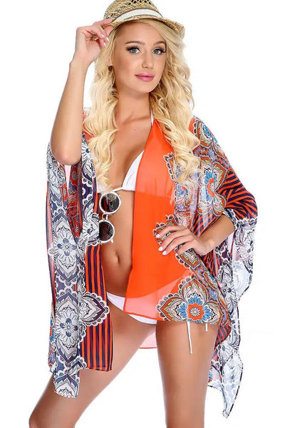 Sexy Orange Floral Chiffon Kimono Swimsuit Cover Up Beach Wear - AMIClubwear