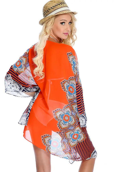 Sexy Orange Floral Chiffon Kimono Swimsuit Cover Up Beach Wear - AMIClubwear