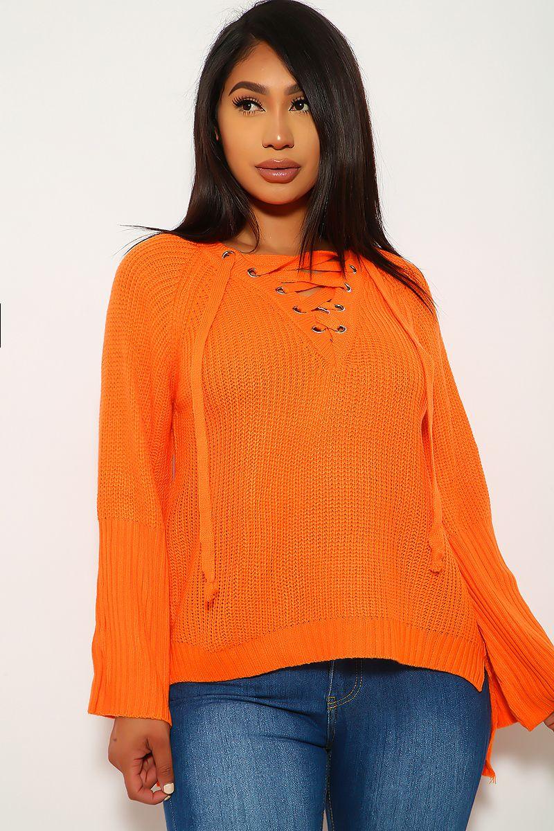 Sexy Orange Lace Up Metal Ring Accent Flared Long Sleeve Knit Pull Over Sweater - AMIClubwear