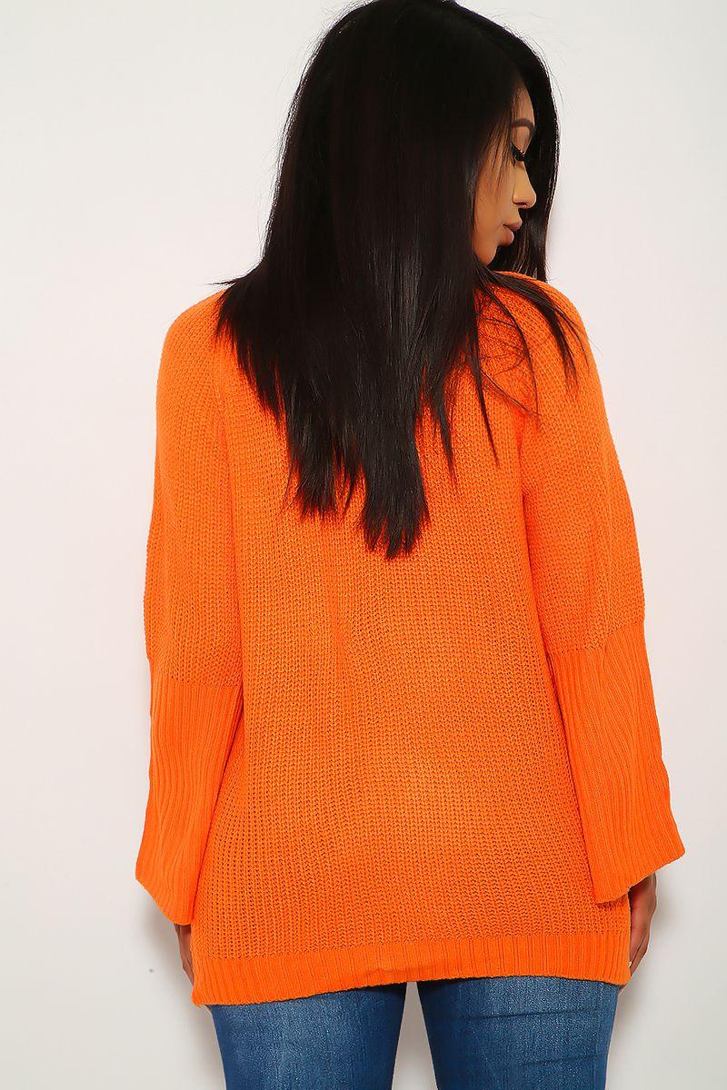 Sexy Orange Lace Up Metal Ring Accent Flared Long Sleeve Knit Pull Over Sweater - AMIClubwear