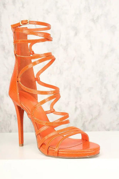 Sexy Orange Leather Strappy Criss Cross High Heels - AMIClubwear
