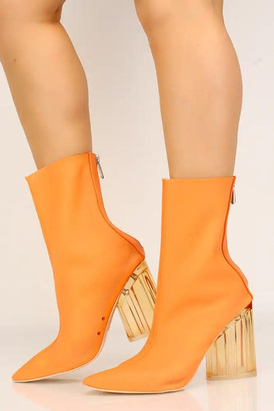 Sexy Orange Lycra Clear Chunky Heel Booties - AMIClubwear