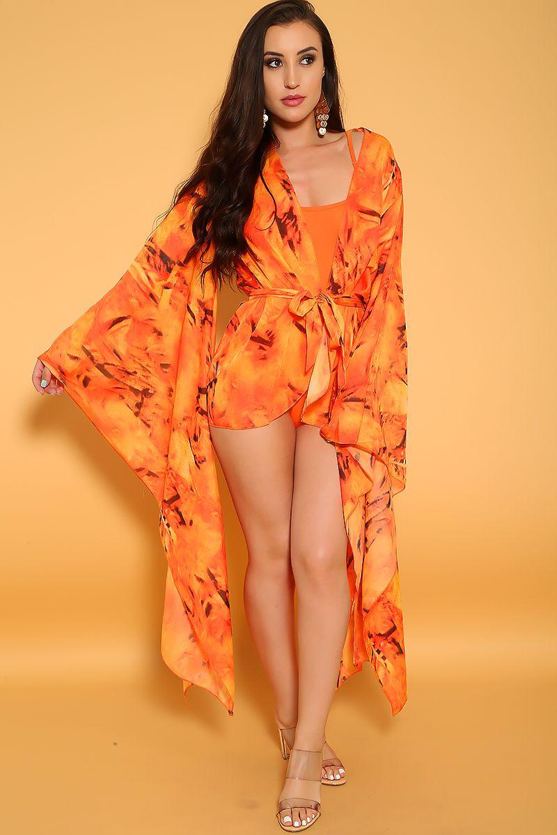 Sexy Orange Printed Sheer Two Piece Swimsuit & Cover-up Set - AMIClubwear