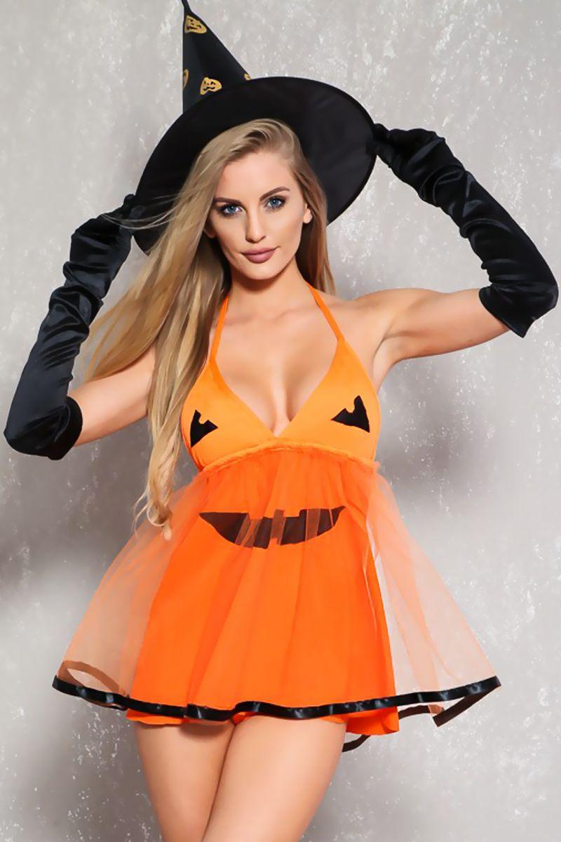 Sexy Orange Pumpkin Halter Two Piece Costume - AMIClubwear