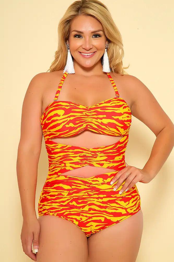 Sexy Orange Red Printed Padded Cut Out Halter One Piece Swimsuit - AMIClubwear