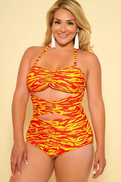 Sexy Orange Red Printed Padded Cut Out Halter One Piece Swimsuit - AMIClubwear