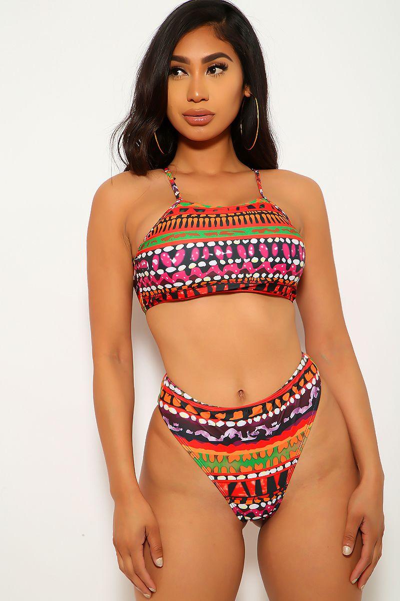 Sexy Orange Red Printed Pattern Padded 2Pc. Swimsuit - AMIClubwear