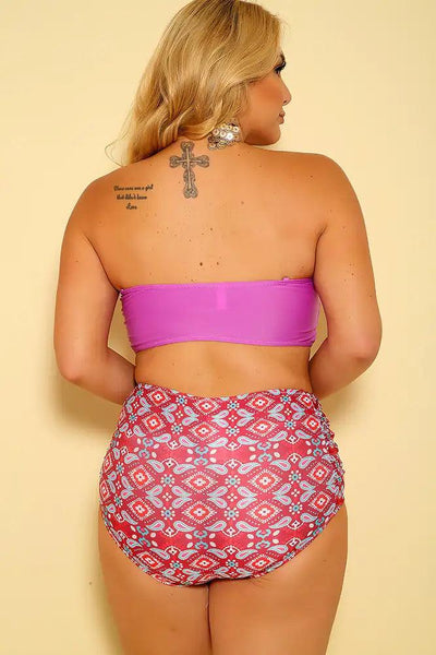 Sexy Orchid Wine Printed Bandeau Strappy Plus Size Two Piece Swimsuit - AMIClubwear