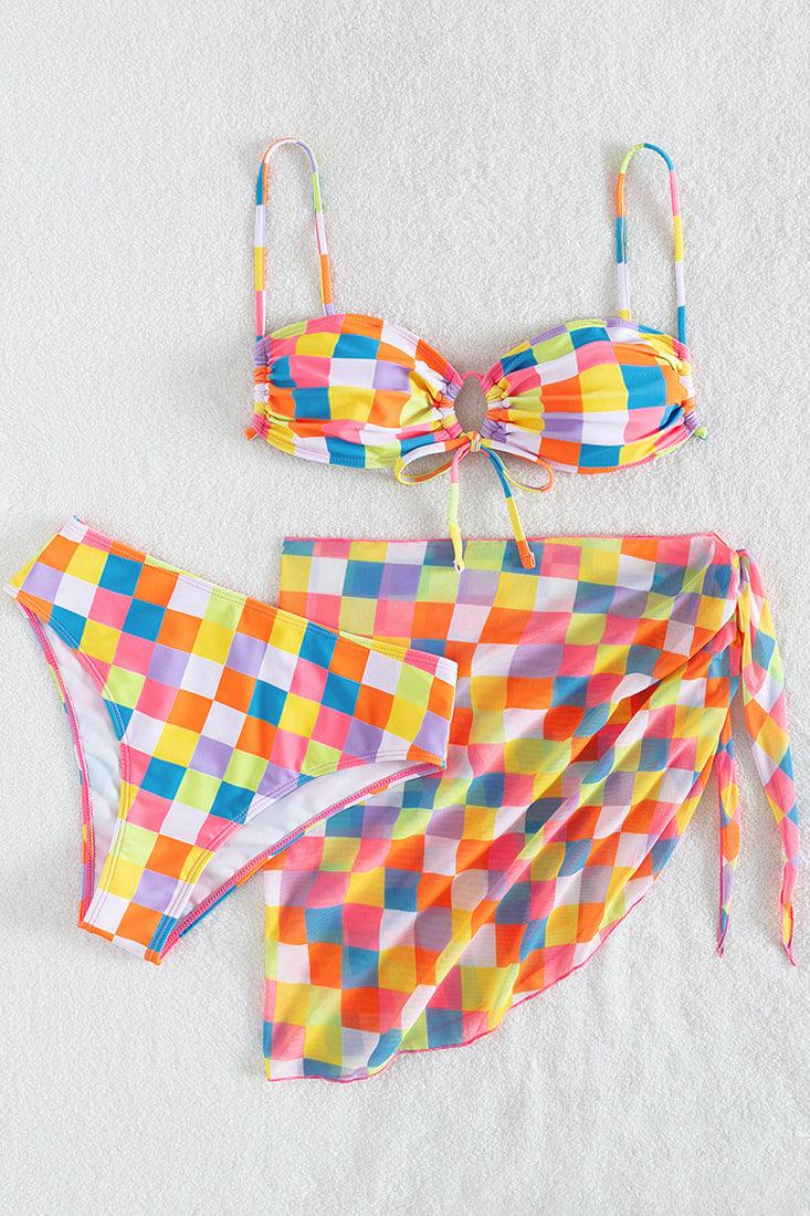 Sexy Pastel Color Block Checkered 3pc Bikini Set - AMIClubwear
