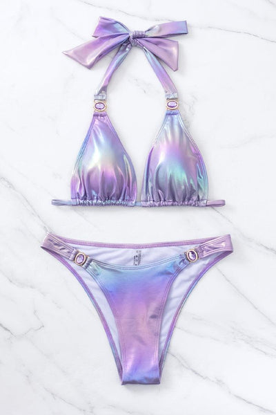 Sexy Pastel Purple Green Gradient Metallic Bikini - AMIClubwear