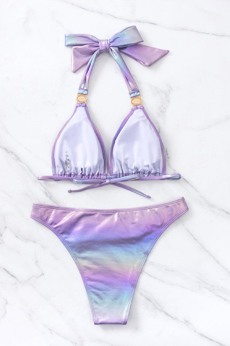 Sexy Pastel Purple Green Gradient Metallic Bikini - AMIClubwear