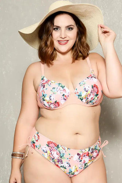 Sexy Peach Floral Print Push Up 2Pc. Plus Size Swimsuit - AMIClubwear