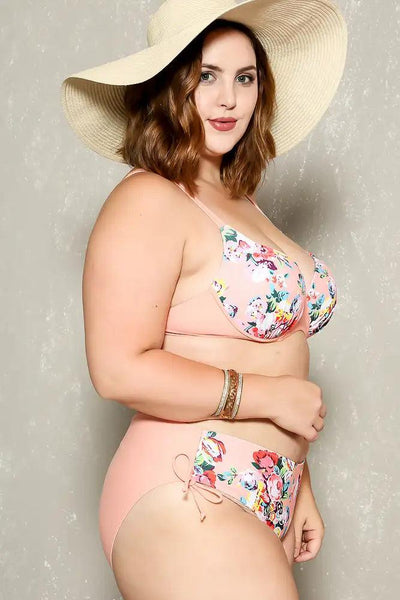 Sexy Peach Floral Print Push Up 2Pc. Plus Size Swimsuit - AMIClubwear