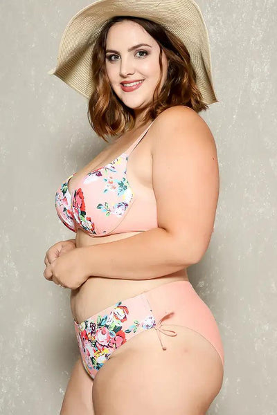 Sexy Peach Floral Print Push Up 2Pc. Plus Size Swimsuit - AMIClubwear