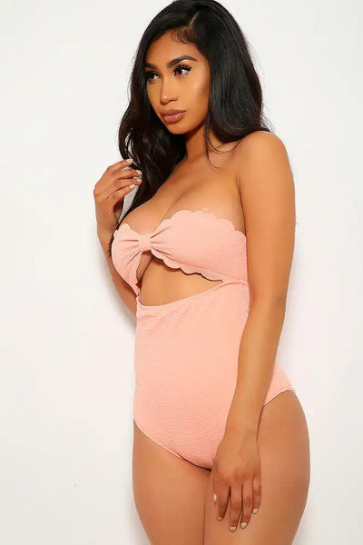 Sexy Peach Scalloped Front Cut Out One Piece Swimsuit - AMIClubwear
