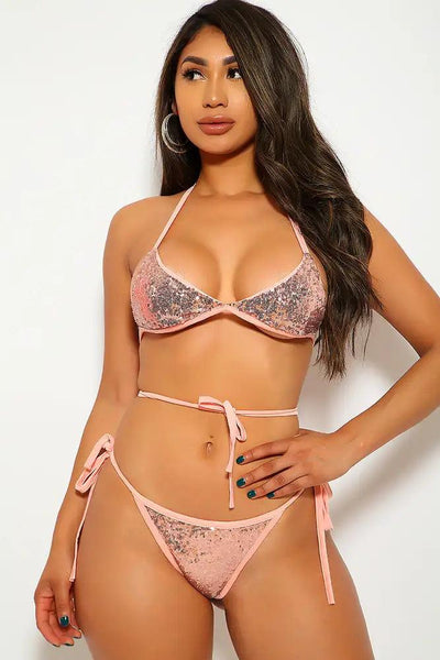 Sexy Peach Sequin Detail Triangle Top Two Piece Swimsuit - AMIClubwear
