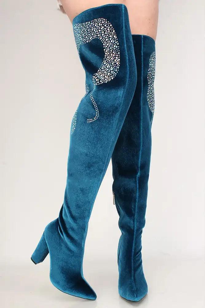 Sexy Peacock Rhinestone Chunky High Heel Thigh High Boots Velvet - AMIClubwear