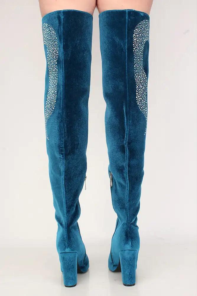 Sexy Peacock Rhinestone Chunky High Heel Thigh High Boots Velvet - AMIClubwear