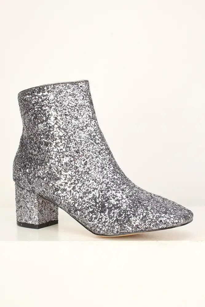 Sexy Pewter Chunky High Heels Booties Glitter - AMIClubwear
