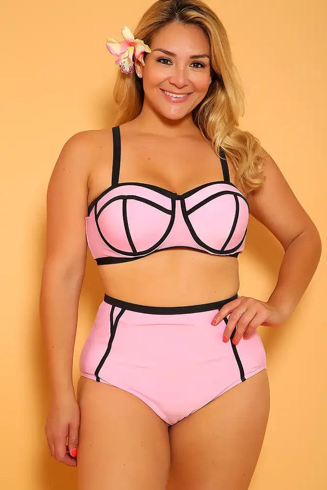 Sexy Pink Bandeau High Waist Plus Size Two Piece Swimsuit - AMIClubwear