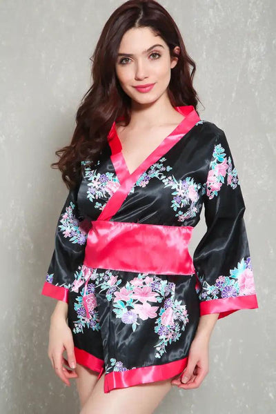 Sexy Pink Black Floral Print Traditional Japanese Kimono 3pc Sexy Costume - AMIClubwear