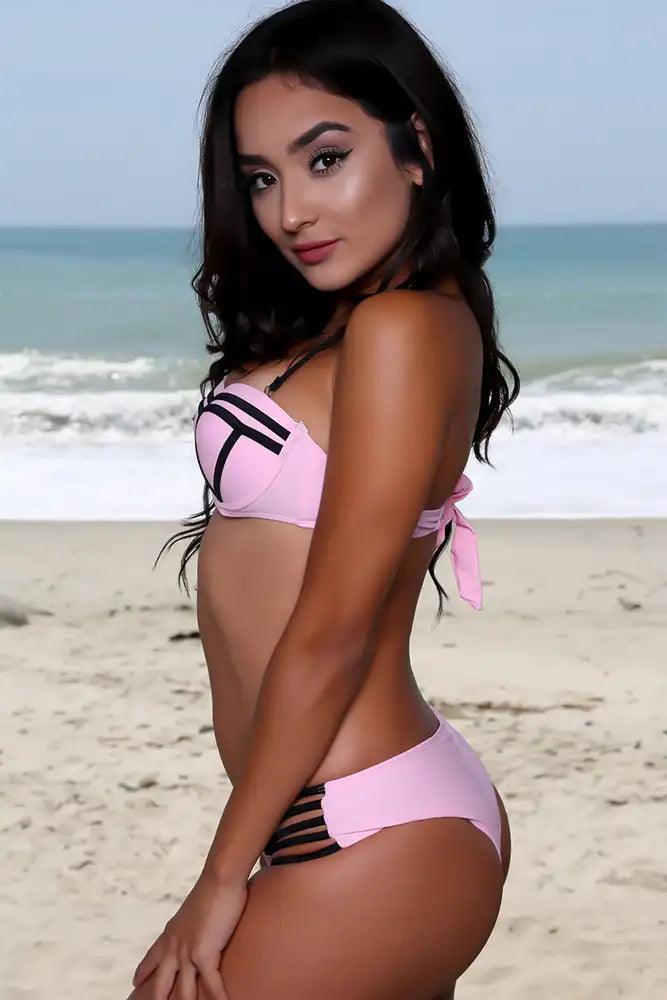 Sexy Pink Black Halter Push Up Strappy Puckerback Two Piece Swimsuit - AMIClubwear