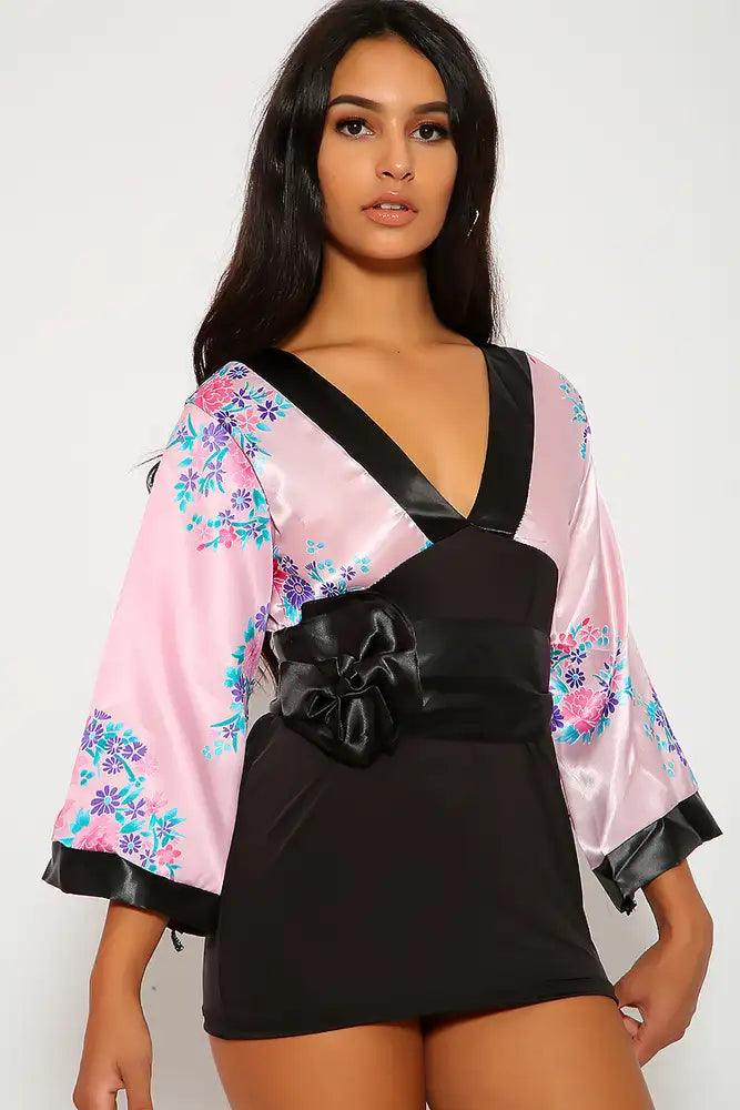 Sexy Pink Black Print Traditional Japanese Kimono 3pc Sexy Costume - AMIClubwear
