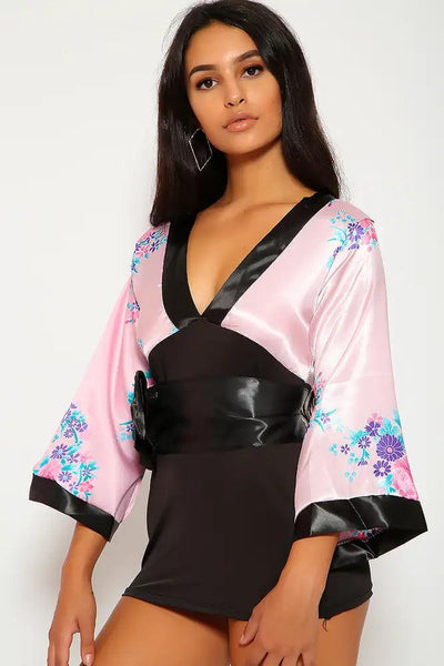 Sexy Pink Black Print Traditional Japanese Kimono 3pc Sexy Costume - AMIClubwear