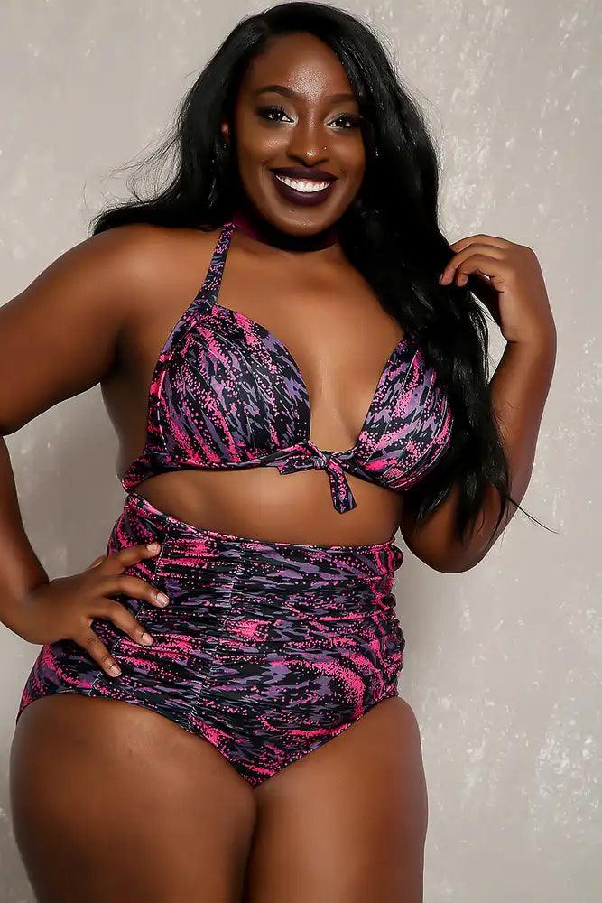 Sexy Pink Black Printed Detail High Waist Plus Size Two Piece Swimsuit - AMIClubwear