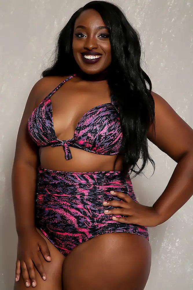 Sexy Pink Black Printed Detail High Waist Plus Size Two Piece Swimsuit - AMIClubwear