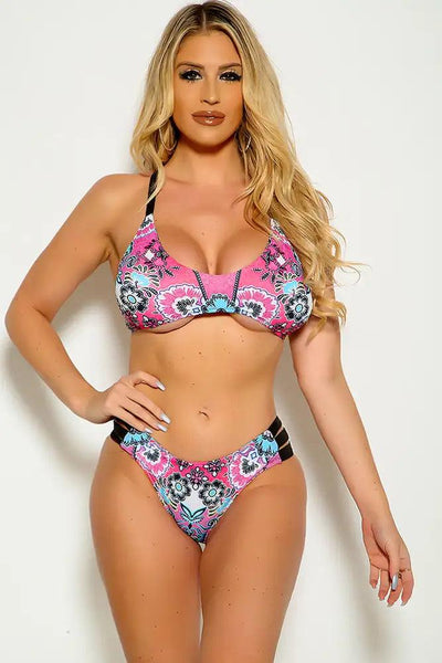 Sexy Pink Black Printed Padded Halter Strappy Two Piece Swimsuit - AMIClubwear