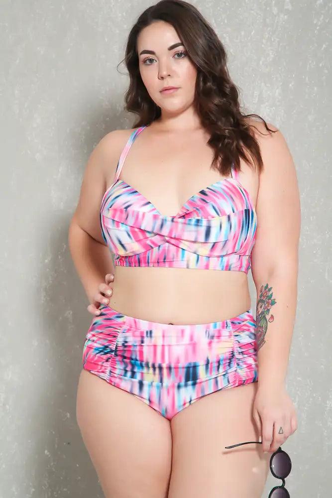 Sexy Pink Black Ruched High Waist Plus Size Two Piece Swimsuit - AMIClubwear