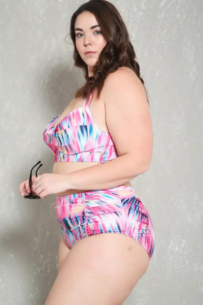 Sexy Pink Black Ruched High Waist Plus Size Two Piece Swimsuit - AMIClubwear