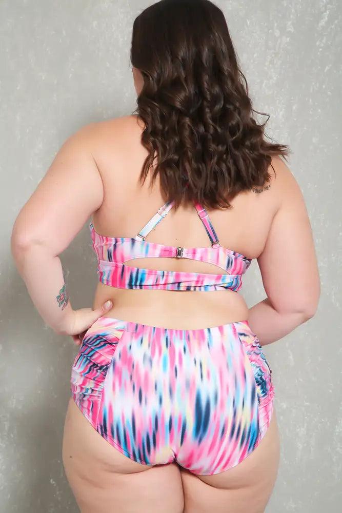 Sexy Pink Black Ruched High Waist Plus Size Two Piece Swimsuit - AMIClubwear